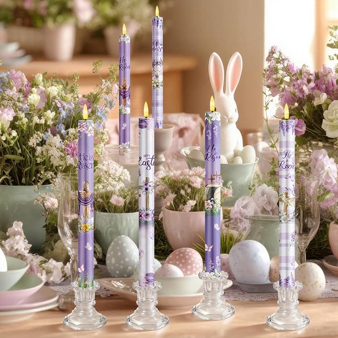 6 Pcs Easter Flameless Candle Set He is Risen LED Flameless Taper Lent Candles with Battery Operated Purple Cross Christian Celebration Candles with Remote for Easter Spring Home Decor Gifts