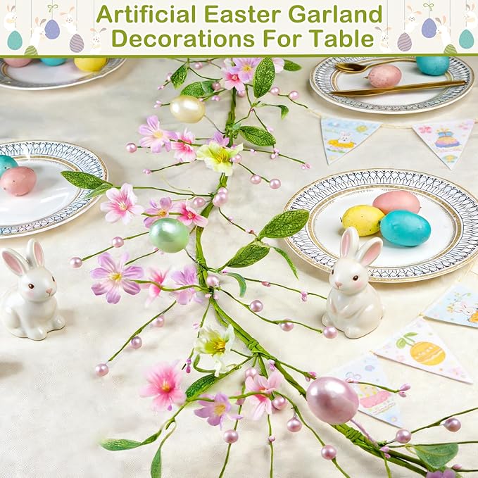 6 Ft Lighted Easter Garland Easter Decorations, Easter Egg Garland with 20 LED Lights Timer Flowers Berried Green Leaves Artificial Spring Garlands Battery Operated for Home Table Mantle Holiday Decor