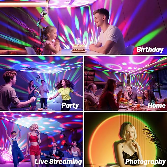 OIEZISRO Disco Ball Party Lights Disco Light Sunset Lamp Projector with RGB+UV+White+YGB Sound Activated LED DJ Strobe Stage Light for Home Parties Living Room/Christmas/Halloween/Birthday/Wall/Decor