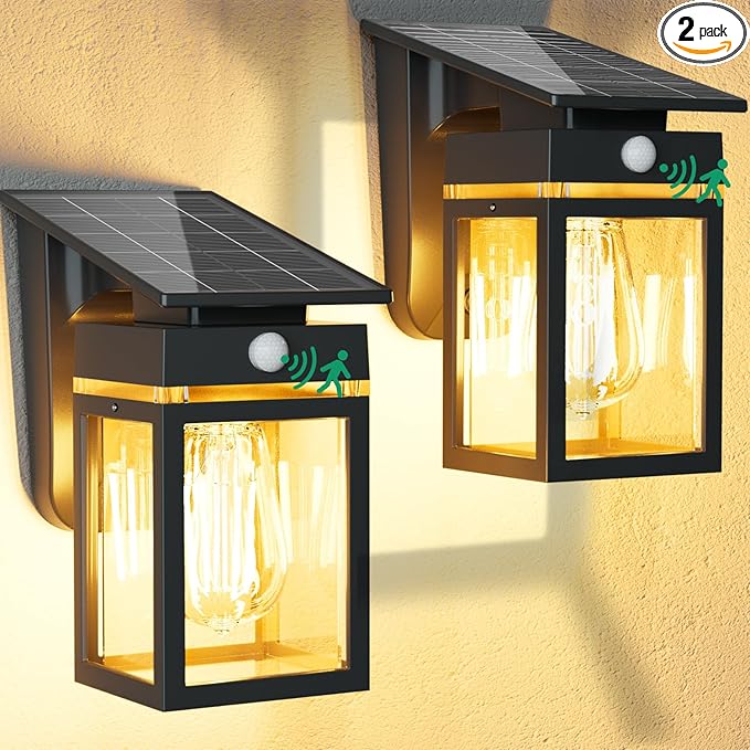 2 Pack Solar Porch Lights Outdoor, Dusk to Dawn & Motion Sensor Wall Light with Lantern Shape, 3 Modes IP65 Waterproof, E26 Bulb Exterior Sconce for Front Porch, Garage, Patio Security