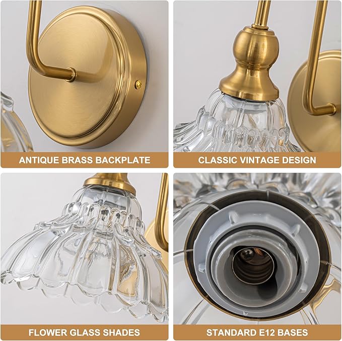 Vintage Bathroom Light Fixtures Over Mirror, 1-Light Brass Wall Sconce Lighting with Flower Glass Shade, Farmhouse Vanity Lights for Bedroom Kitchen Living Room Hallway Light