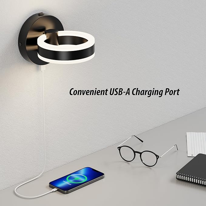 Wall Lamp LED Wall Sconce Rotatable Up-Down Sconces Wall Lighting with Built-in Switch and USB Charging Port 110 Volt AC Hardwired Wall Light (Black)
