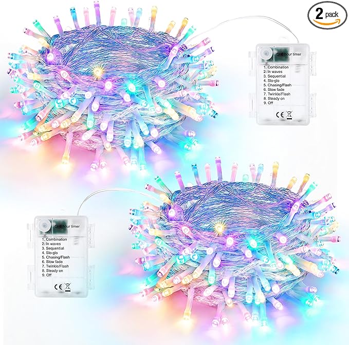 Lomotech Easter Lights Battery Operated - 2 Pack Total 33ft 100 LED Battery String Lights 8 Modes Waterproof with Timer for Home, Garden, Party, Holiday, Tree Decoration