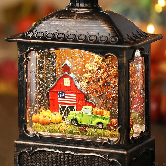 Fall Snow Globe Lantern Fall Decorations for Home Thanksgiving Autumn Harvest Fall Decor Swirling Glitter Snow Globes Barn Truck Pumpkin Farm Timer Music