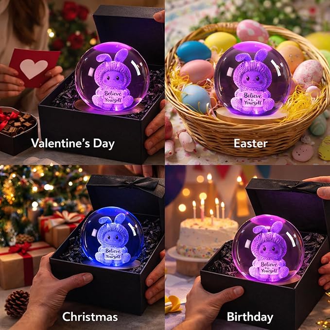 3D Easter Bunny Crystal Ball Night Light-Cute Bunny Gift, 2.4Inch Laser Engraved Glass Sphere with USB LED Base, Crystal Night Lamp for Bedroom Desk