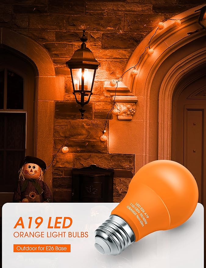 Orange Light Bulbs [4 Pack] - A19 LED Orange Bulbs 9W (60Watt Equivalent) - E26 Base Halloween Light Bulb Outdoor, Colored Light Bulbs for Halloween Christmas Party Porch Home Holiday Decorative