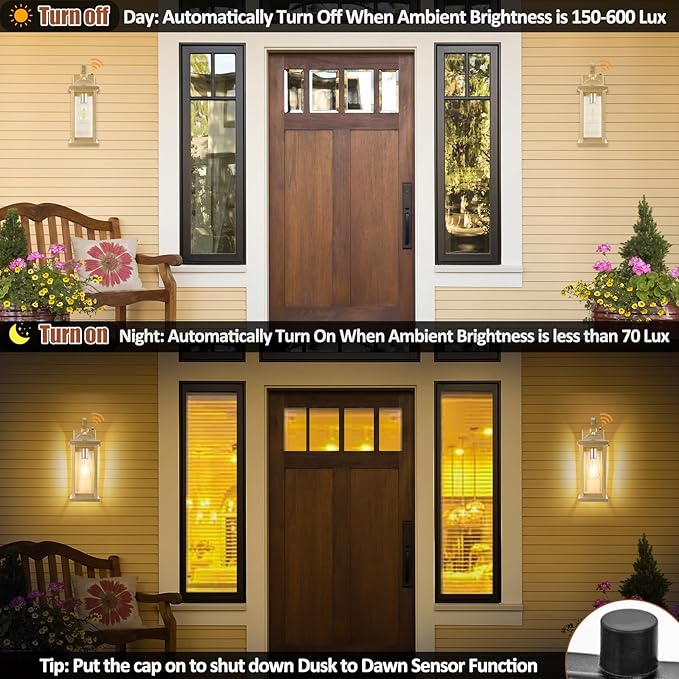 Large Gold Outdoor Sconces Dusk to Dawn 2-Pack, 17 Inch Large Porch Light Photocell Brass Outdoor Light Fixtures IP65 Waterproof with Clear Glass Outside Wall Lanterns Wall Mounted Lamps