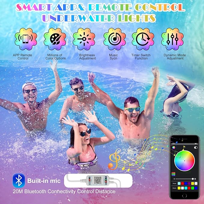 Rechargeable Pool Lights,LED Pool Lights with APP & Remote Control,20W RGB Dimmable Smart Underwater Lights with Timer,IP68 Waterproof Music Sync for Aboveground Inground Pools 33ft Cord (RGB-10W)