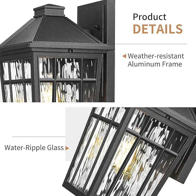 Darkaway Large Outdoor Wall Lights for House, 14inch Exterior Lighting Fixtures Wall Mount Porch Lights Waterproof Outdoor Sconce with Water Ripple Glass for Patio Hallway Garage