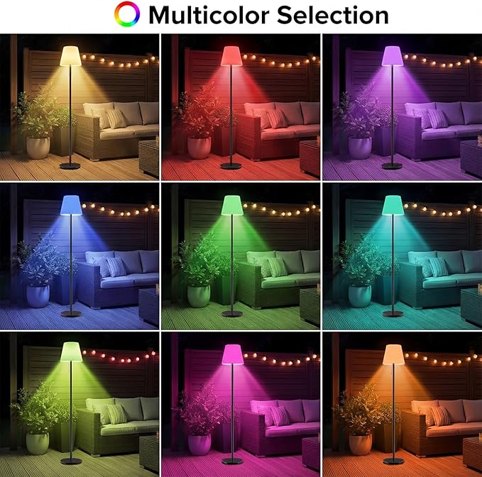 Outdoor Floor Lamp Solar/USB Charging Outdoor Lamps for Patio Waterproof Cordless Floor Lamp Rechargeable Patio Lamp with Light Sensor,Dimmable Warm White+RGB LED Ambient Light for Yard Garden.