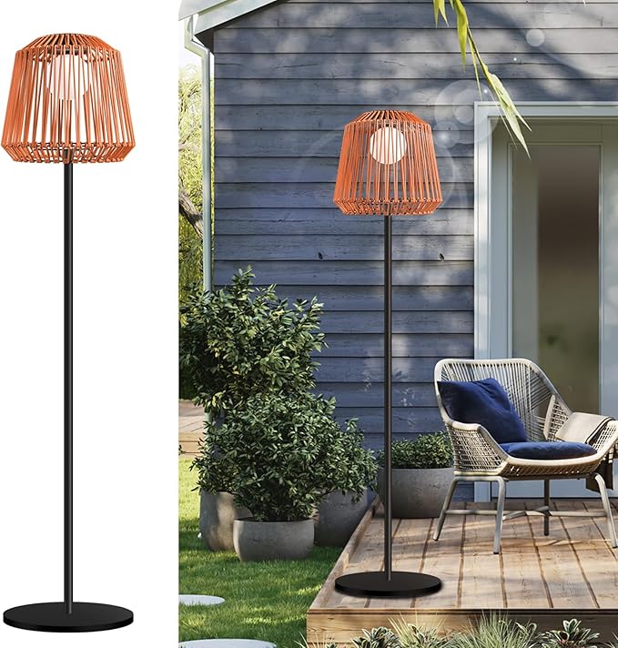 Outdoor Solar Floor Lamp, Garden Rattan Wicker Light, Metal Pole and Base, Waterproof Yard Garden Wedding Home Decor Light