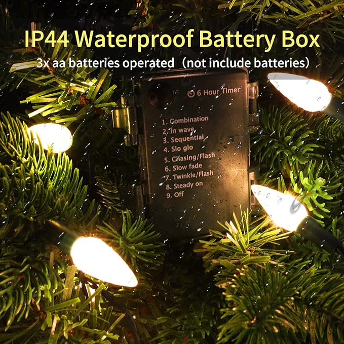 50LED C6 Lights,Green Wire,Waterproof Battery Case,Multi Functions,Timer,Warm White