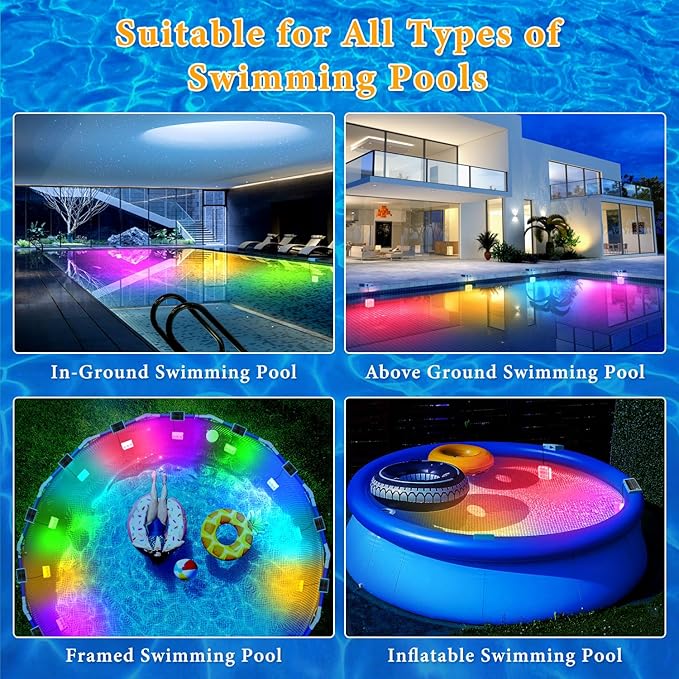 Solar Pool Lights, Pool Lights with Remote, 10-Color 4-Mode Light Sensing LED，Underwater Swimming Lighting with Timer Off, Submersible Pool Lights for Above Ground In-ground Inflatable Pool
