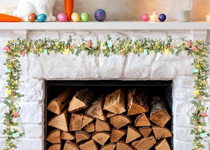 Easter Garland for Mantle - 6FT Faux Eucalyptus Garlands with Daisy, Pink Bloom & Egg, 20 LED Lights, Battery Operated Auto Timer, Flexible for Indoor Outdoor Spring Home Decor
