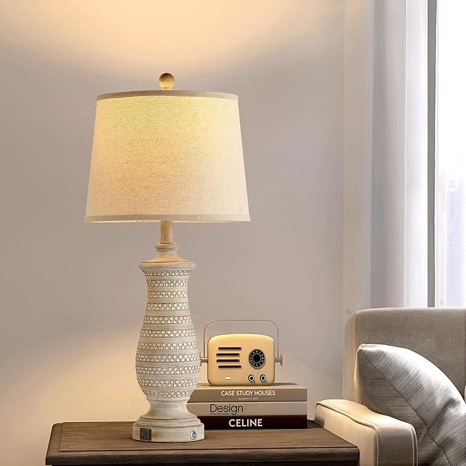 Farmhouse Table Lamps for Living Room Set of 2, Touch Lamps for Nightstand with Dual USB Charging Port, Bedside Table Lamp for Bedroom, 2 Bulb Included