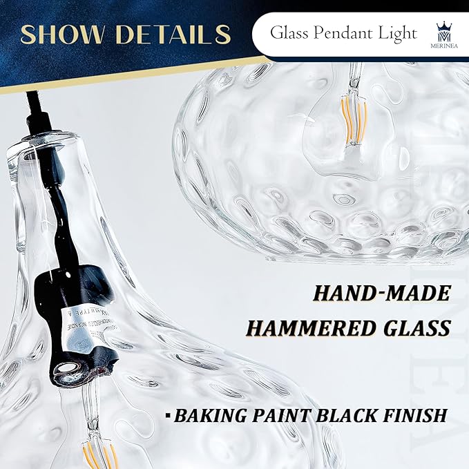 11" Blown Hammered Glass Pendant Light – Matte Black Ceiling Light for Kitchen Island, Dining Room, Hallway – E26 Base Hanging Fixture