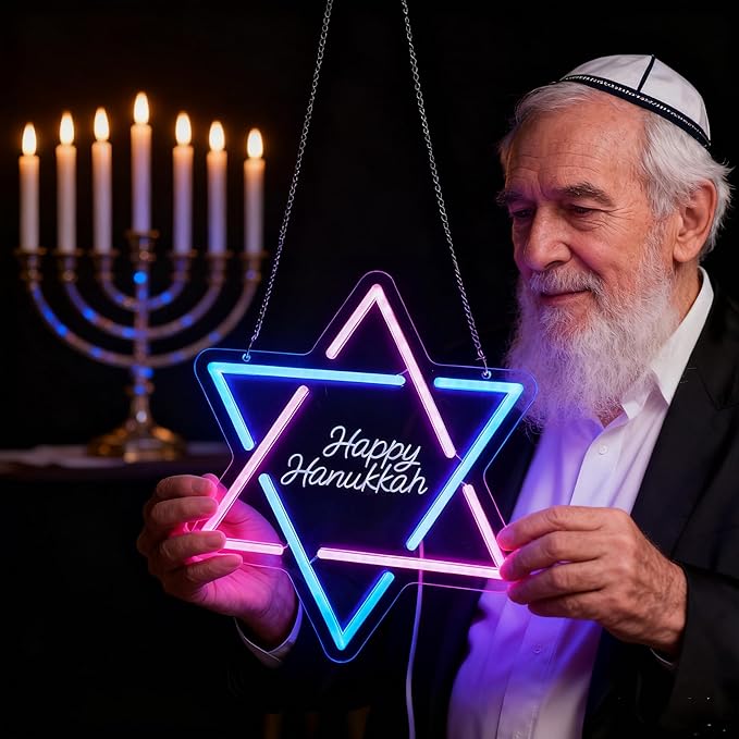 Hanukkah Neon Sign, David Star Pink Blue Gradient LED Light with 'Happy Hanukkah' Lettering, Indoor Holiday Decoration for Home Party