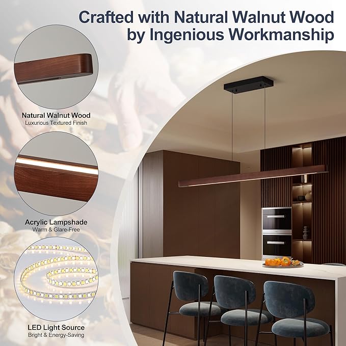 43" Wood Linear Pendant Light, Dimmable Kitchen Island Lighting with Remote, 24W LED Hanging Pendant Light, Adjustable Linear Chandelier for Dining Room, Kitchen Island, Bar, Office-Walnut