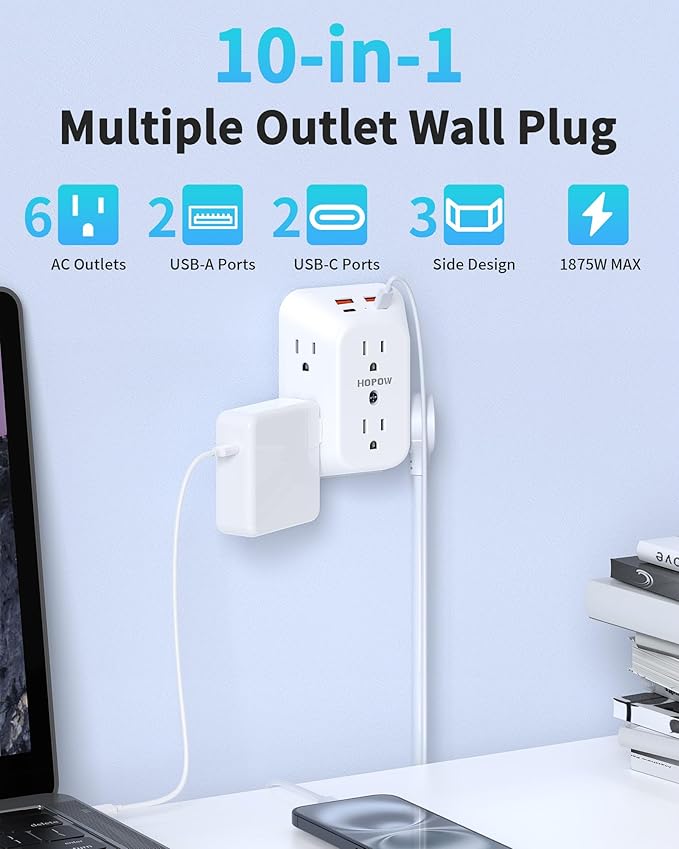 2 Pack Outlet Extender Surge Protector, HOPOW 6 Outlet Splitter with 4 USB Ports (2 USB C), USB Wall Charger, 3-Sided 1050J Multi Plug Wall Outlet, Wall Mount for Home Travel Office Travel, White