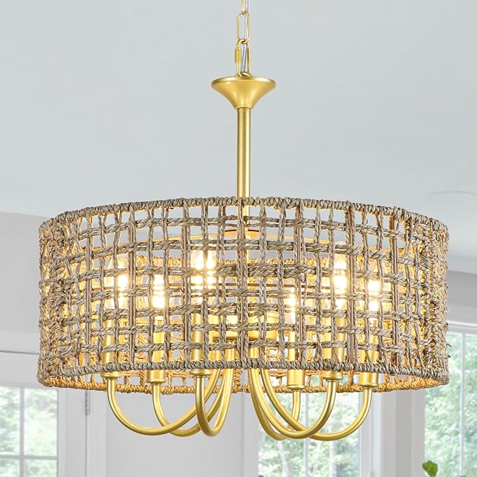 6-Light Large Woven Rattan Chandelier, 17.7'' Boho Pendant Light Gold Drum Hanging Light Fixture, Coastal Handwoven Wicker Chandeliers for Dining Room Living Room Kitchen Hallway