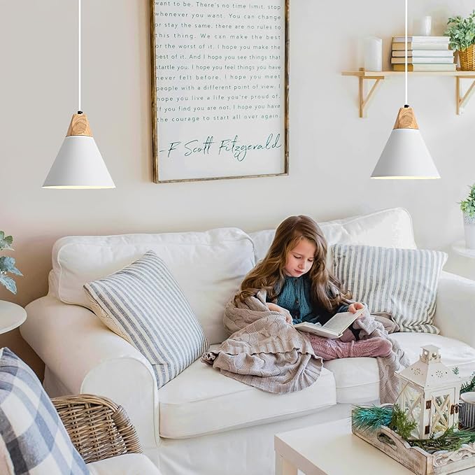 White Pendant Light, 2 Packs 9.4inch Farmhouse Pendant Light, Kitchen Pendant Lights, Pendant Lights Kitchen Island for Living Room, Bar, Bedroom, Office