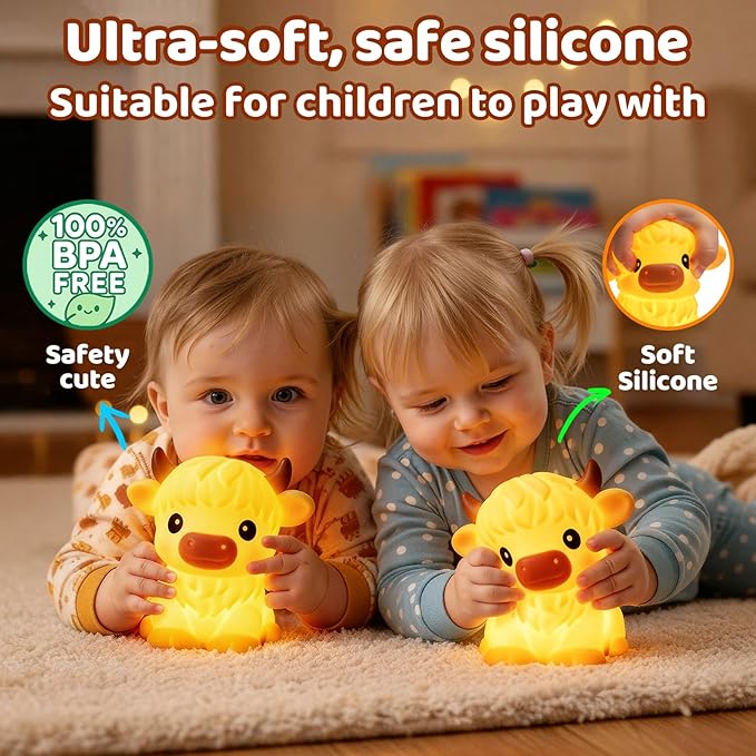 BPA-Free Silicone丨Huggwaii Highland Cow Night Light for Kids, Dimmable Squishy Night Light Touch Cow Lamp, Highland Cow Gifts for Nursery, 30 Auto-Off Timer, Cute Room Decor for Boys Girls Women
