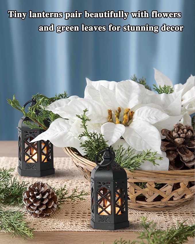 12-Pack Mini Lanterns with Flickering LED Candles for Ramadan, Moroccan Decorative Hanging Lanterns for Halloween, Christmas, Wedding, Black Lantern for Table Centerpiece, Home & Party Decor