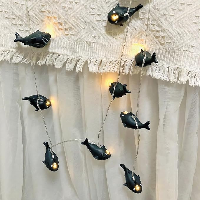 5.4 FT Black Shark String Lights, 10 LED Warm White Black Theme Halloween Night Light, Battery Operated for Home Party Decoration