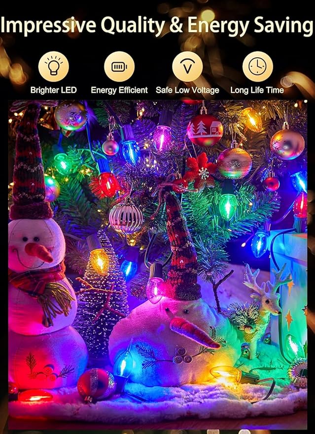 Vintage C9 LED Christmas Lights Outdoor, 100 Ft C9 String with 100 Shatterproof Colorful Bulbs, Waterproof Connectable Christmas Tree Lights for Roofline Holiday Garden Party Xmas Decorations