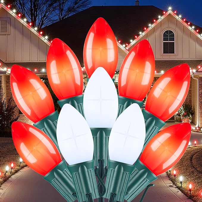 C9 LED Christmas Lights Outdoor, 50 FT 50 Red and Pure White Connectable C9 String Lights for Christmas Tree Patio Roofline Garden Backyard Holiday Party Indoor Outdoor Decoration, Green Wire