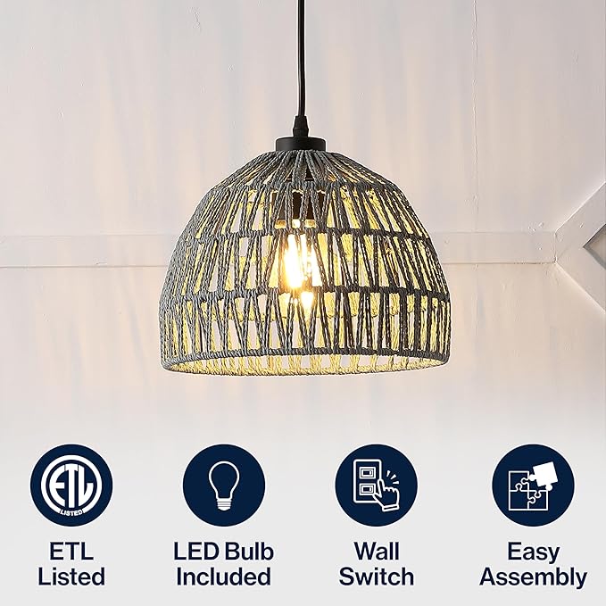 JONATHAN Y 10.25" Gray Modern Bohemian Woven Rope LED Pendant Light Fixture, Adjustable Dome Ceiling Lamp for Kitchen Island, Rope Shade, Coastal Farmhouse Decor (JYL6513D)