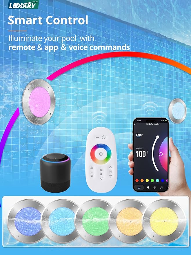LEDIARY Ultra Slim LED Pool Lights for Inground Pool, 120V 54Watt Swimming Pool Lights with 100FT Cord, RGB Multicolor, IP68 Waterproof Pool Underwater Light for 10" Wet Niches (Transformer Included)