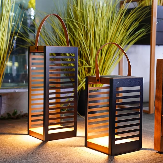 Solar Yard 2-Pack Outdoor Floor Lamp Solar Powered Light, Patio Waterproof Metal Solar Lantern with Handle, Plant Decor for Patio, Yard, Porch, Large+Small