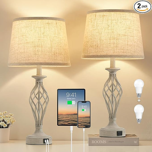 Table Lamp for Bedroom Set of 2 - Light Grey Bedside Lamps with USB C+A Ports,Rustic Distressed Farmhouse Bedroom Lamp - Lamp for Living Room Reading Bed Side End Table Bulbs Included