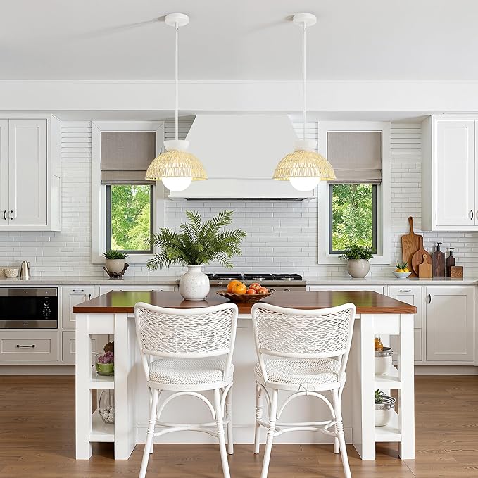 Pendant Light Kitchen Island - 11.8" Rattan Dining Room Light Fixtures over Table Hand-Woven Boho Pendant Light Fixtures with Milk Glass Globe, Adjustable Hanging Light for Bedroom Entryway Foyer