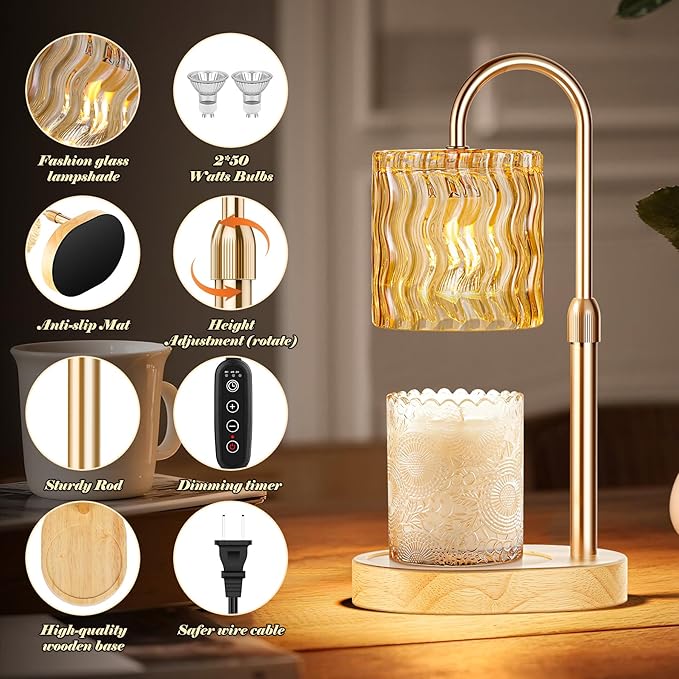 Candle Warmer Lamp with Timer, Birthday Gifts for Women Mom, Height Adjustable Candle Lamp Warmer for Jar Candles, Dimmable Wax Melt Warmer with 2 Bulbs, House Warming Gifts New Home Decor