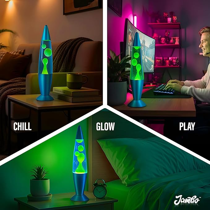 JAMBO 16" Beautiful Lamp- Blue with Yellow/Green Wax, Relaxing Liquid Light, Night Light Nightlight, Home Decor Living Room Office Bedroom Lamp for Adults Teens Kids, Magma Motion