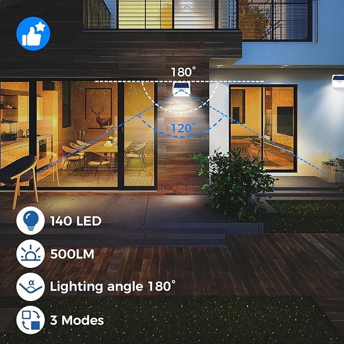 Peasur White Solar Lights Outdoor Waterproof, 6Pack 140LED Solar Powered Motion Sensor Light, 3 Modes Security Wall Lights for Fence Garden Yard Outside