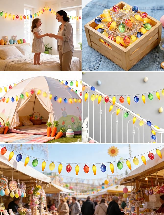 12Ft Connectable Easter String Lights, 20 LED Warm White Carrot & Electroplated Egg, UL Waterproof, Indoor Outdoor Decor
