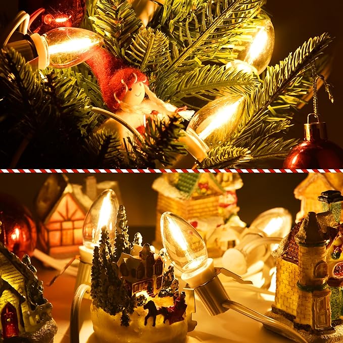 2Pack Christmas Village Lights with 12LED Light Bulbs and Outlet 11.6FT Light Cord with Spare Fuse Warm White C7 Lamp Villages Houses Lights for Halloween Pumpkins Christmas Village Houses Craft Decor