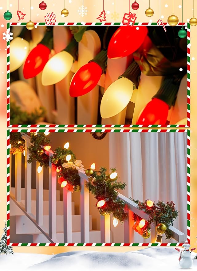 Vintage C9 LED Christmas Lights Outdoor, 100 Feet String Lights with 50 Shatterproof Bulbs, Waterproof Connectable Christmas Tree Lights for Outside Roofline Patio Xmas Decor, Red & Warm White
