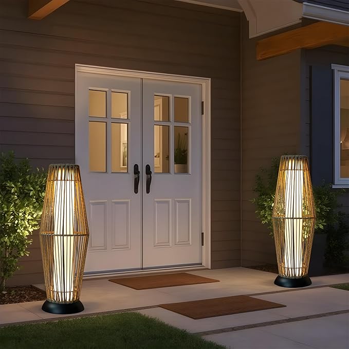 TRIROCKS Outdoor Floor Lamp 2 Piece Solar Powered Lantern Wicker Solar Patio Lamp with Olifen Rope Waterproof Rattan Outside Solar Deck Light for Patio Garden Lawn Yard (Grey)
