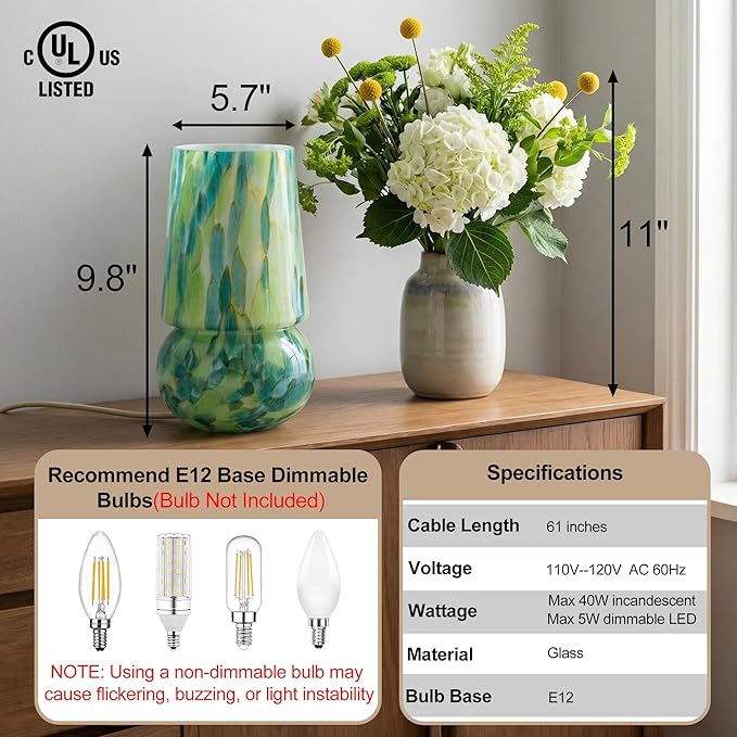 9.8 Inch Mushroom Table Lamp, UL Listed Dimmable Small Desk & Bedside Lamp with Woven Beige Cord, Handcrafted Pattern, Murano Home Decor for Bedroom, Living Room, Entryway (Emerald Teal)