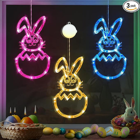 [Timer] Easter Bunny Eggs Window Lights 3 Pack, Blue Pink Yellow Easter Lights Battery Operated with Suction Cup Hook, Hanging Cute Easter Window Decorations for Indoor Home Farmhouse Decor