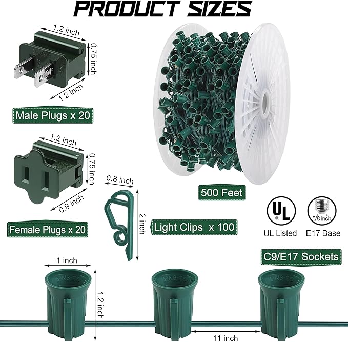 Fovths 500 Ft C9/E17 Christmas Light Sockets Set Outdoor UL Listed String Light Include 500 E17 Socket with 100 Clips, 40 Female Male Plug, Stringer Spool Christmas C9 Green Wire for Patio Event Decor