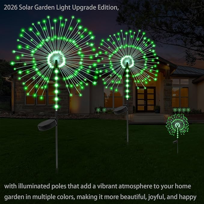2 Pack 250LED Solar Garden Lights Outdoor, Dual Lighting Modes Firework Lights Solar Powered, Waterproof Twinkle Fairy Light Outside for Yard Patio Pathway Christmas Party Decorative(Green)