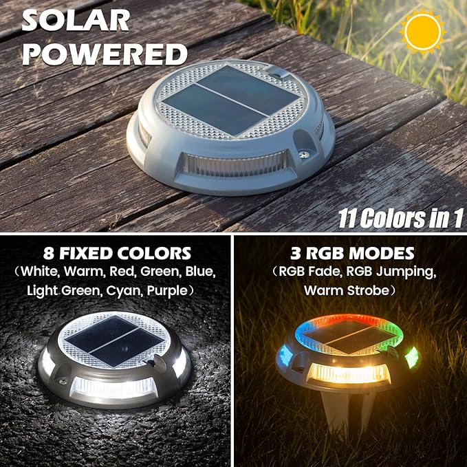 SIEDiNLAR Solar Driveway Lights Outdoor 16 LEDs 9 Modes, Dock Markers Deck Lights Waterproof Warning for Pathway Driveway Walkway Ground Step Yard Garden, RGB (1 Pack)