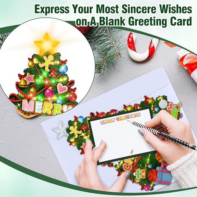FaCraft Musical Christmas Tree Cards, 10" x 8" Handmade 3D Pop Up Christmas Card, Xmas Decoration, Easy to Stand Up, Lights Blinking Modes, with Envelope, Blank Insert and Seal, for Winter, Holidays