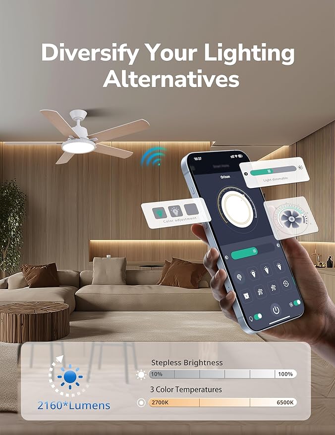 Orison Ceiling Fans with Lights, 52 inch Low Profile Ceiling Fan with RGB Backlight, Flush Mount Ceiling Fan with Remote and App Control,White Bedroom Fan, 6 Speeds, 5 Reversible Blades (White)