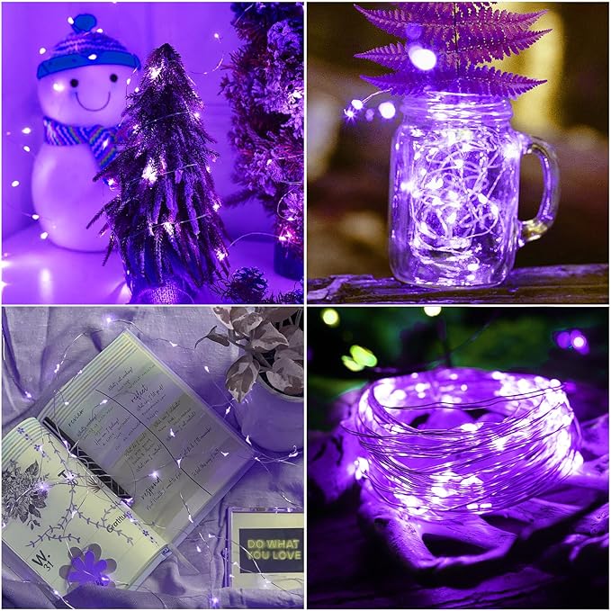 YAOZHOU Halloween Christmas Decorations Purple Fairy String Lights Indoor, Battery Operated with Timer, 2Pack Total 33FT 100 Led Mini Battery Powered Mason Jar Waterproof Firefly Lights DIY Party